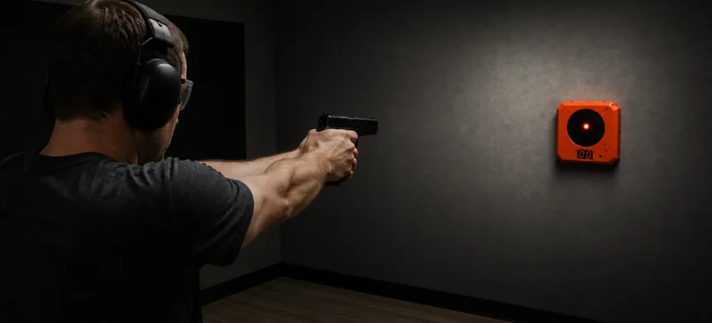 Shooter using a G-Sight dry-fire system with an electronic laser target indoors.