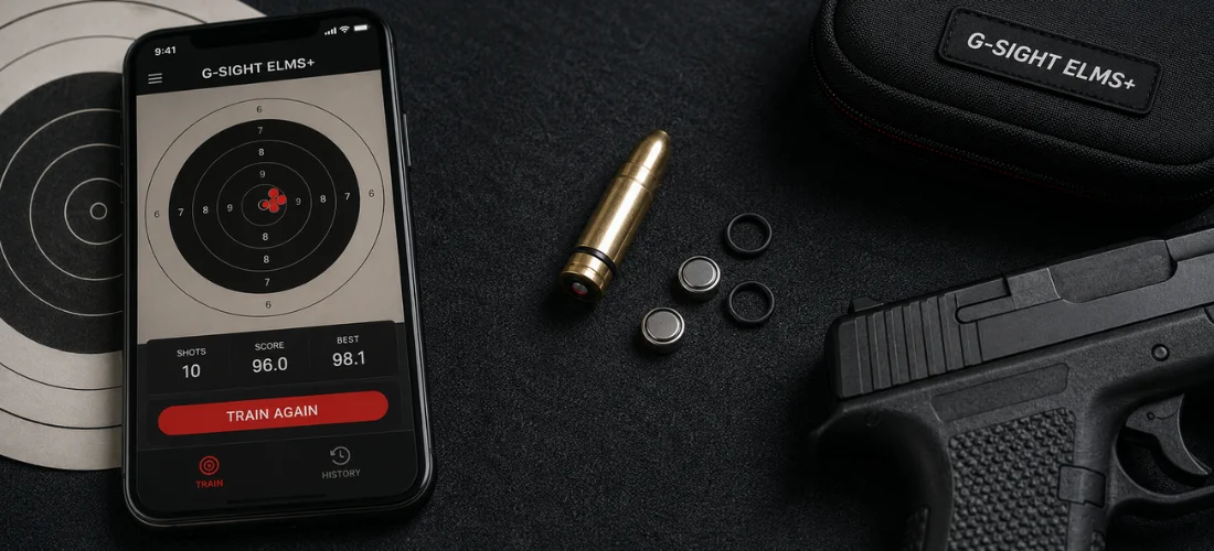 G-Sight ELMS Plus laser training cartridge beside a smartphone displaying dry-fire shot tracking, a paper target, and an unloaded pistol.