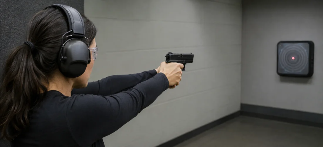 Woman wearing eye and hearing protection aiming a pistol at an electronic dry-fire laser training target.