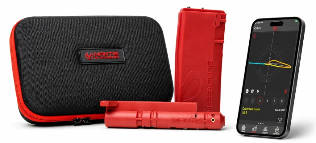 Mantis BlackbeardX AR-15 dry-fire training system with trigger-reset unit, battery pack, carrying case, and mobile app.