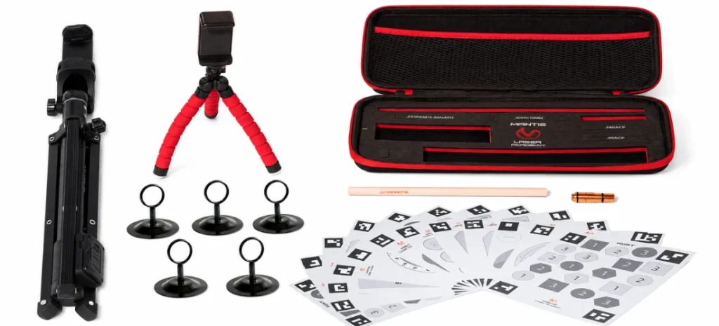 Mantis Laser Academy kit with smart targets, laser cartridge, phone tripods, target stands, extraction stick, and carrying case.