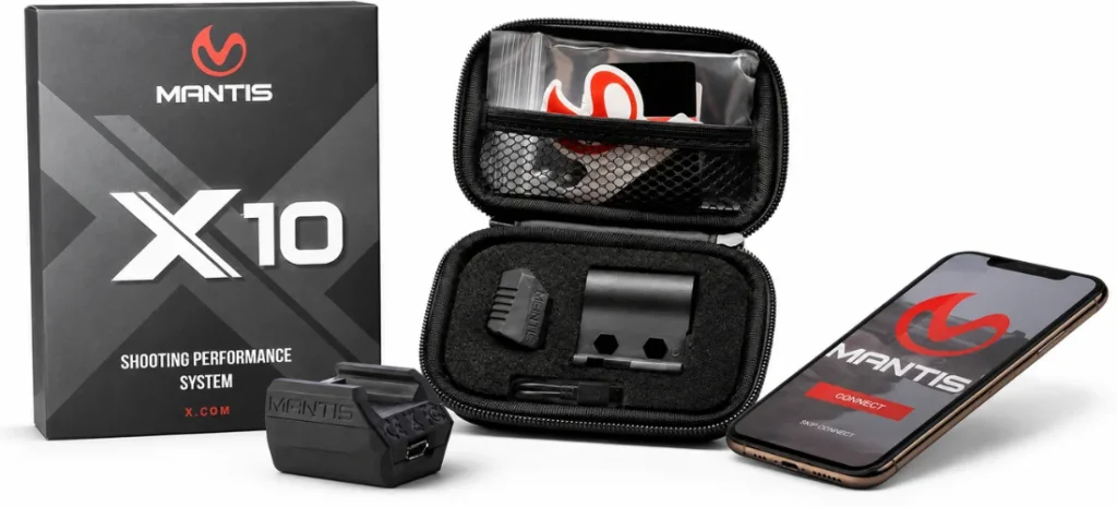 Mantis X10 Elite shooting performance system with sensor, mounting accessories, carrying case, packaging, and mobile app.