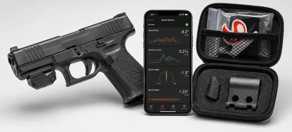 Mantis X10 Elite sensor mounted on a pistol beside a smartphone displaying recoil analysis and the included carrying case.