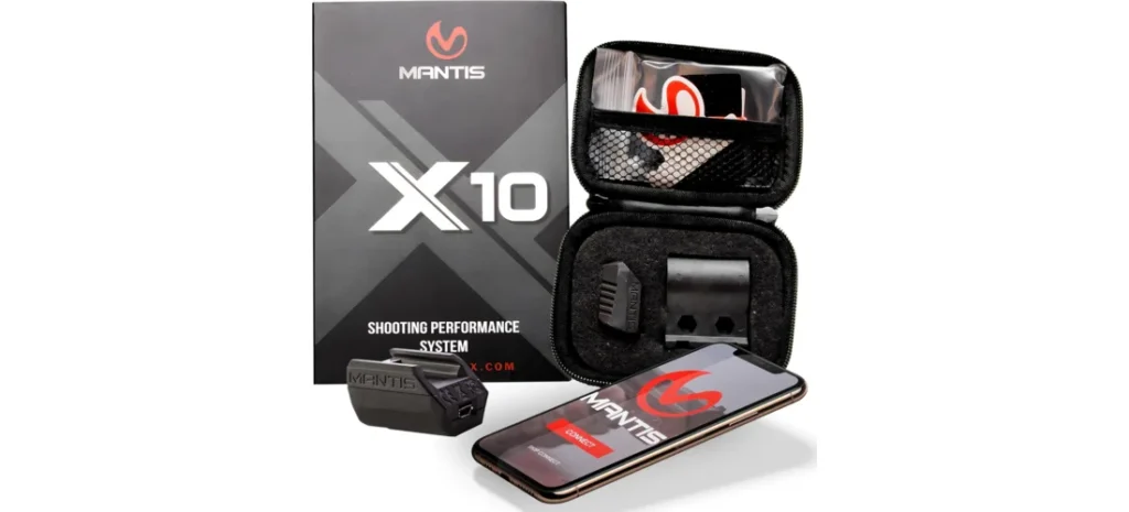Mantis X10 Elite shooting performance system with sensor, accessories, carrying case, packaging, and smartphone app.
