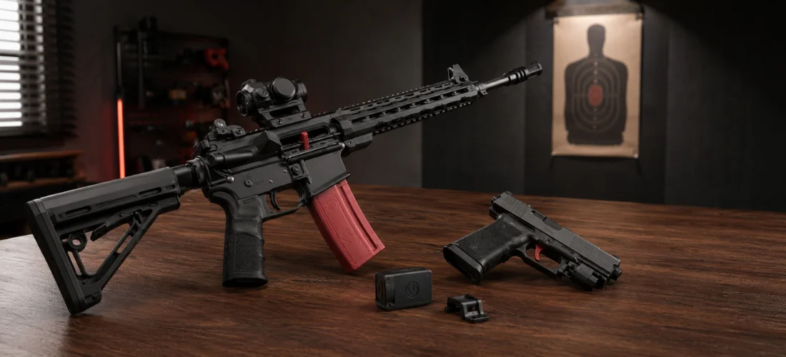 Mantis X10 Elite sensor and Blackbeard dry-fire system displayed with an AR-15 and pistol on a wooden workbench.