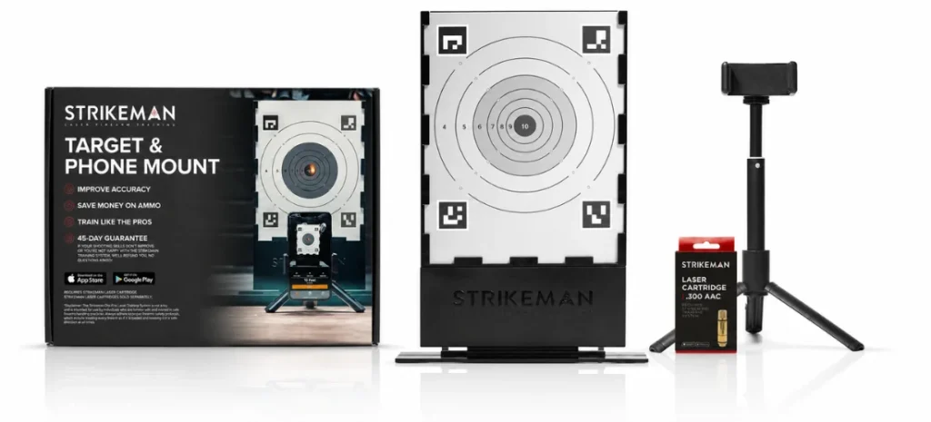Strikeman dry fire training system with target, phone mount, tripod, laser cartridge, and retail box.