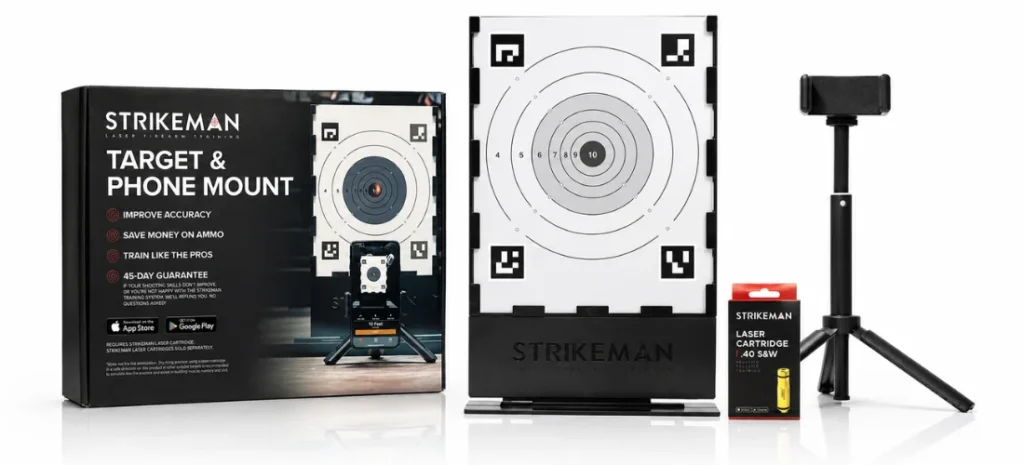 Strikeman dry-fire training kit with bullseye target, phone mount, tripod, and .40 S&W laser cartridge.