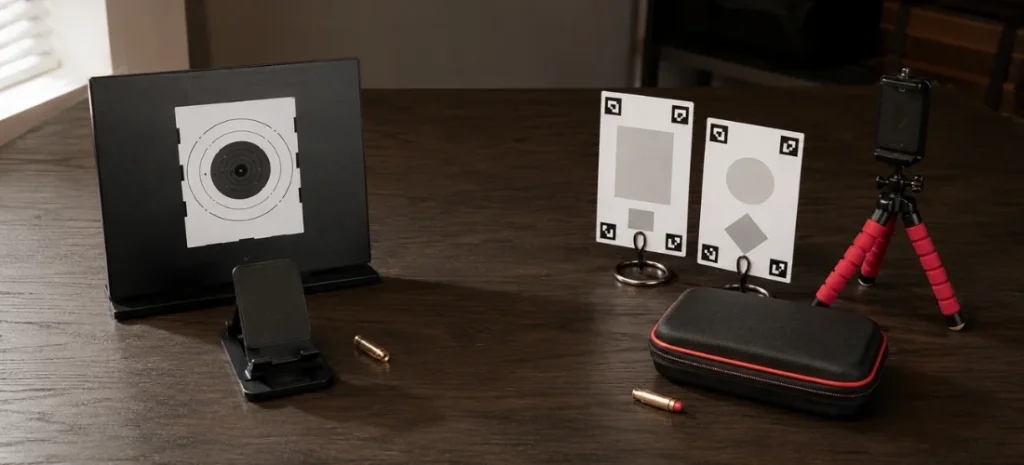 Strikeman and Mantis Laser Academy dry-fire systems arranged with targets, phone mounts, cartridges, tripod, and carrying case.