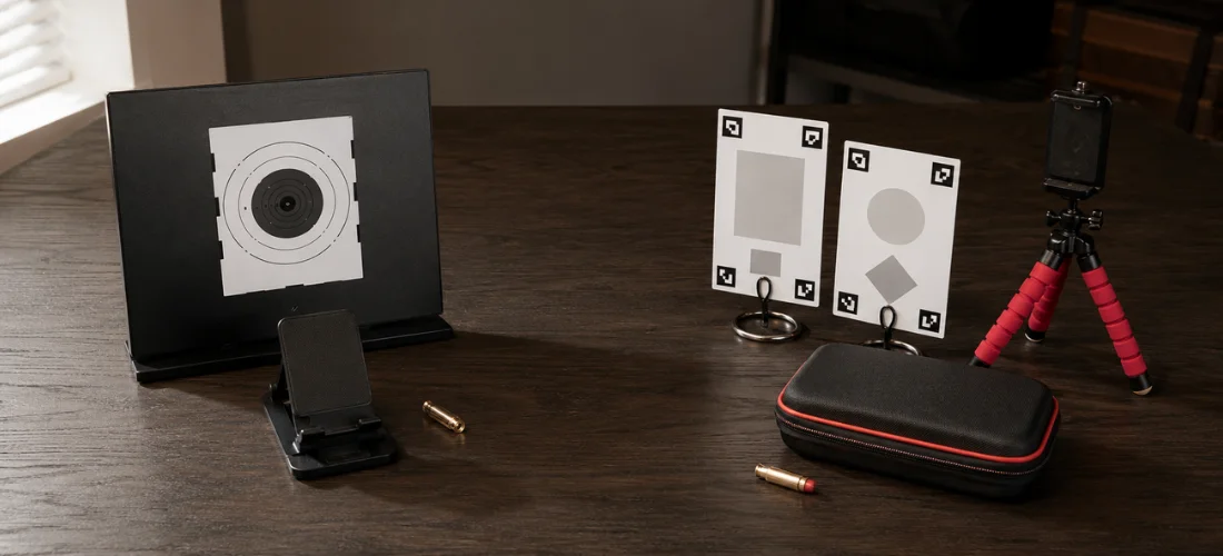 Strikeman and Mantis Laser Academy dry-fire systems arranged with targets, phone mounts, cartridges, tripod, and carrying case.