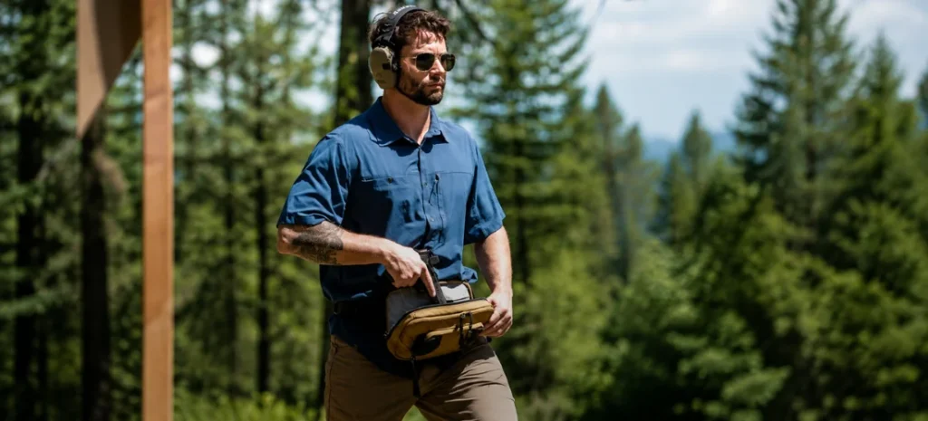 Man wearing sunglasses and hearing protection, carrying a tan tactical waist pack in a wooded outdoor setting.