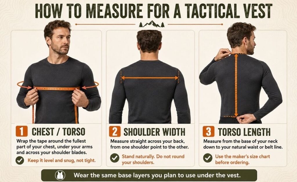 How to measure chest, shoulder width, and torso length for a tactical vest.