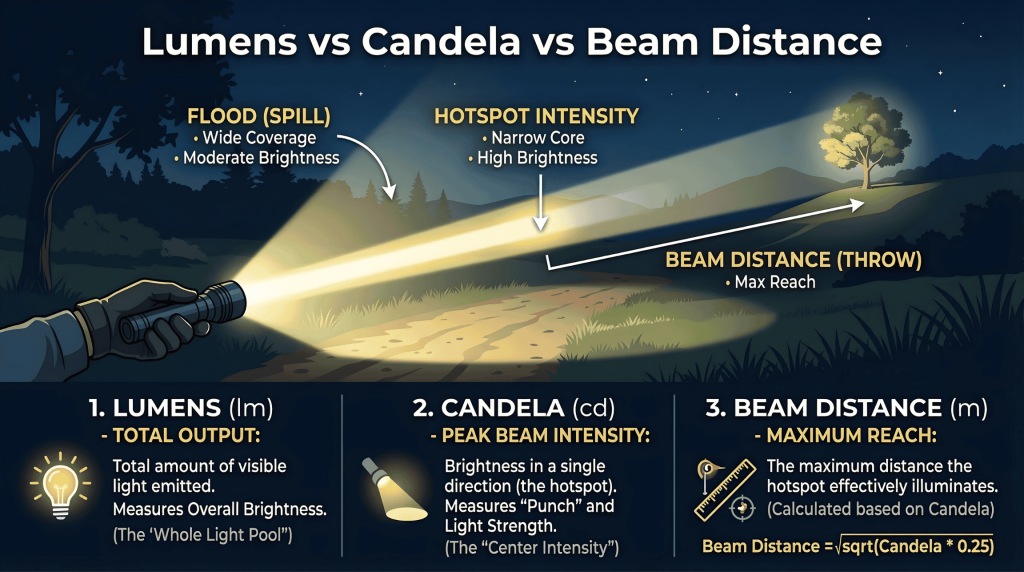 lumens vs candela vs beam distance