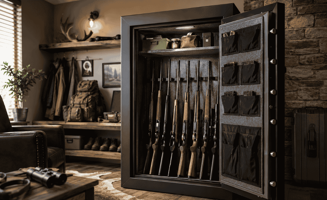 Open long gun safe with rifles, storage pockets, and hunting gear inside a rustic indoor room.