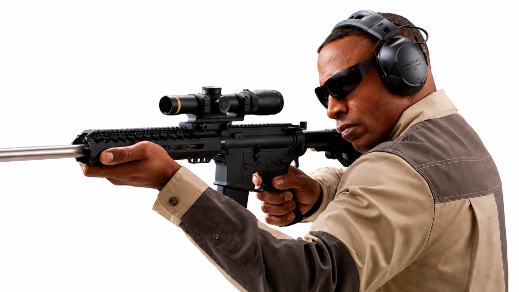 Shooter aiming a scoped rifle while wearing 3M PELTOR Sport Tactical 500 earmuffs on a clean white background.