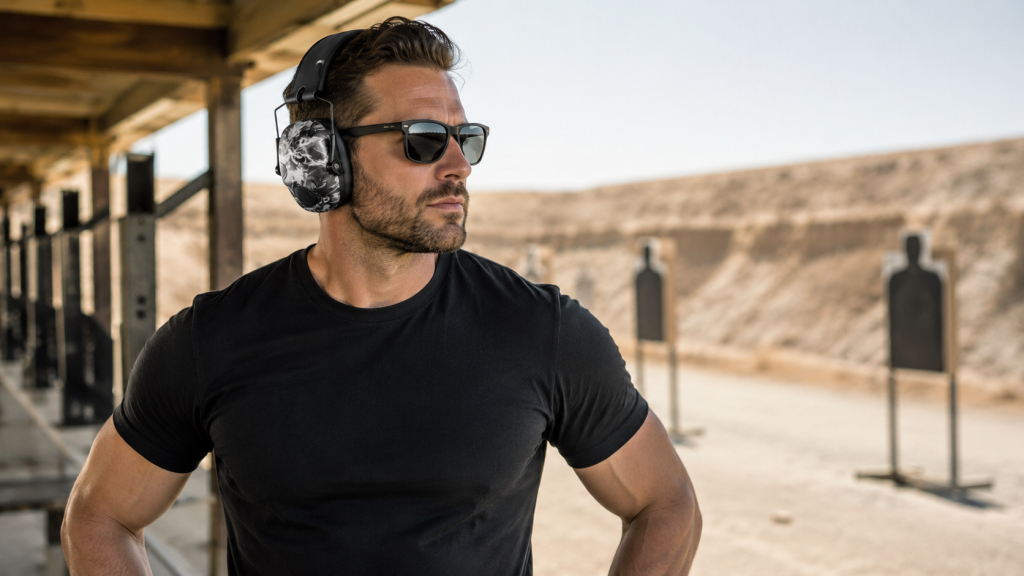 Man wearing camo electronic shooting earmuffs and sunglasses at an outdoor shooting range.