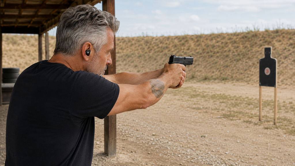 Older man wearing black molded shooting earplugs aiming a handgun at an outdoor range target.