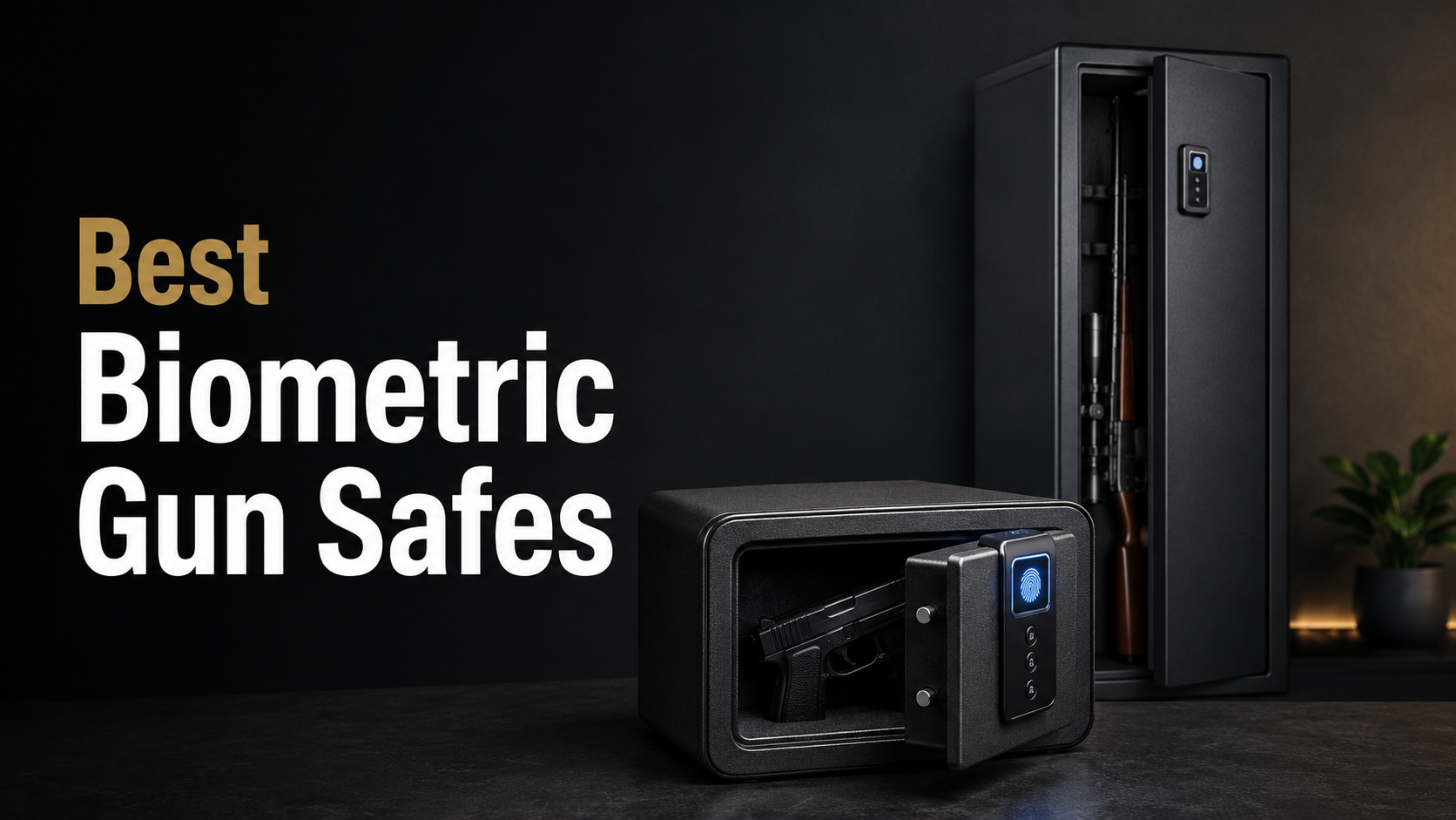 A simple feature image showing modern biometric gun safes with fingerprint access, designed for secure firearm storage and fast home defense access.