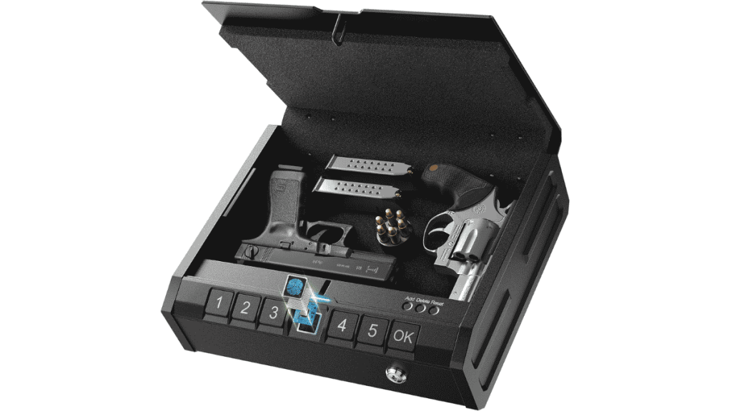ONNAIS Iron SE biometric gun safe with fingerprint scanner, keypad lock, and spacious interior holding two handguns, magazines, and ammunition.