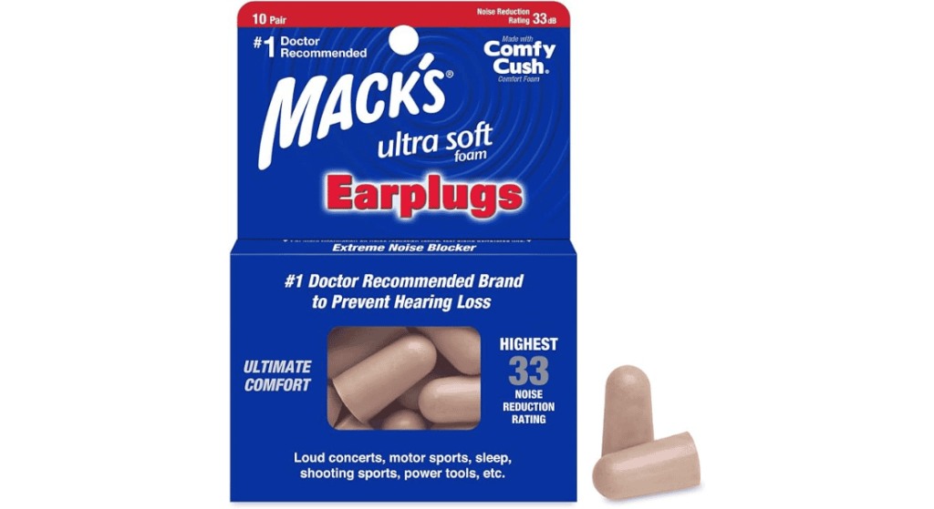 Mack’s Ultra Soft Foam Earplugs package with beige foam earplugs and 33 dB noise reduction rating.
