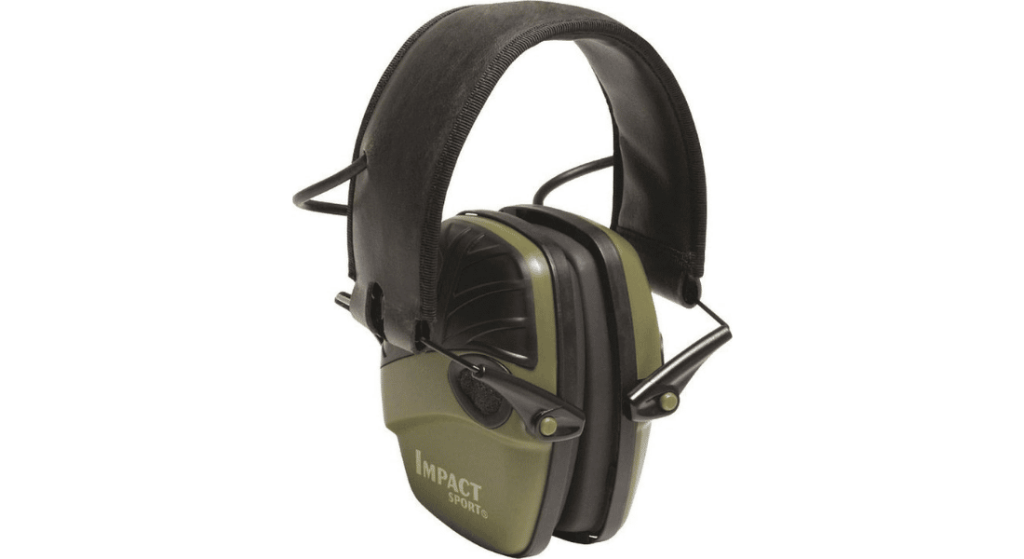 Howard Leight Impact Sport electronic shooting earmuffs in green and black on a white background.