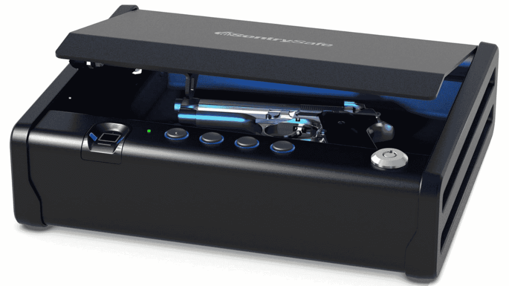 SentrySafe QAP1BLX biometric handgun safe with fingerprint scanner, keypad controls, LED-lit interior, and a handgun stored inside.