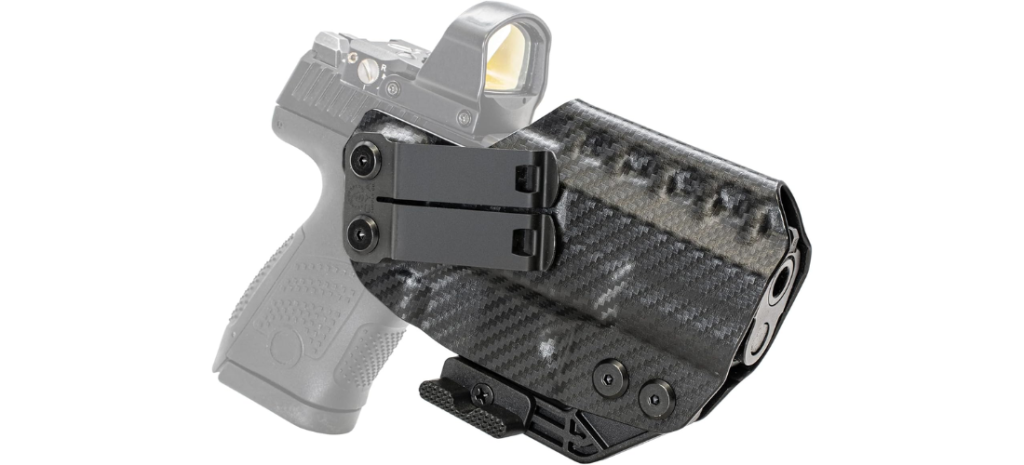 Carbon-fiber-style IWB holster holding an optic-equipped handgun on a white background.