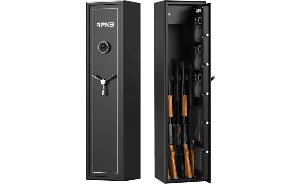 RPNB long gun safe with rifles, door organizer, keypad lock, and black steel security cabinet design
