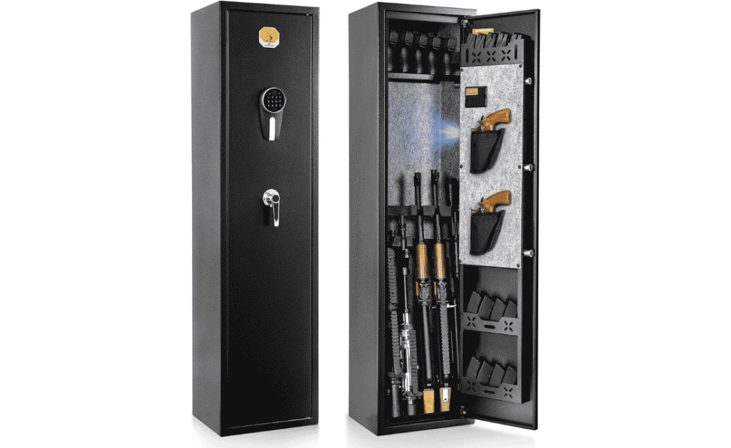 BlackSmith 6 long gun safe with rifle and pistol storage, digital keypad lock, and slim black steel cabinet design