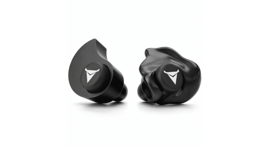 Black custom molded earplugs shown side by side on a clean white background.