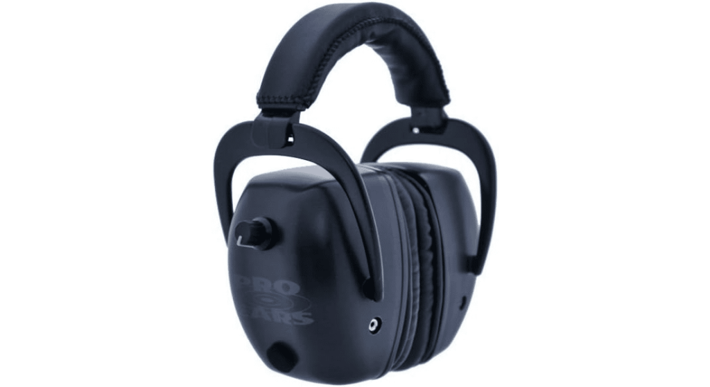 Black Pro Ears electronic shooting earmuffs with padded headband on a white background.