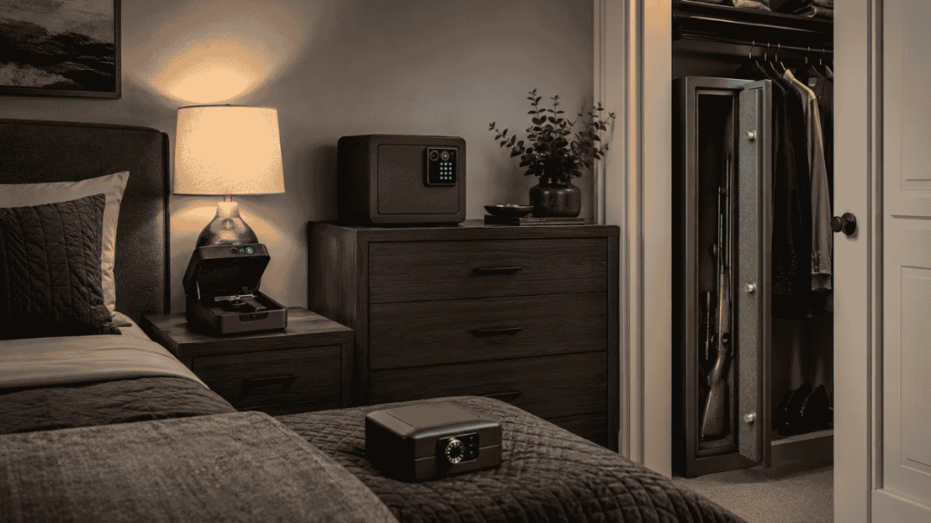 Bedroom with multiple gun safes on the nightstand, dresser, bed, and closet.