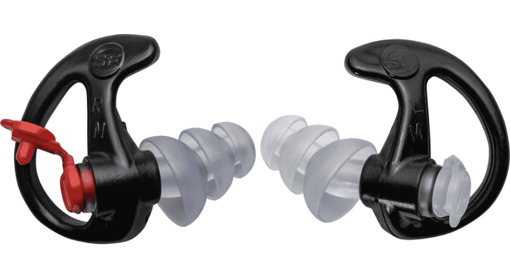 Black reusable shooting earplugs with clear triple-flange tips and red filter plugs on a white background.