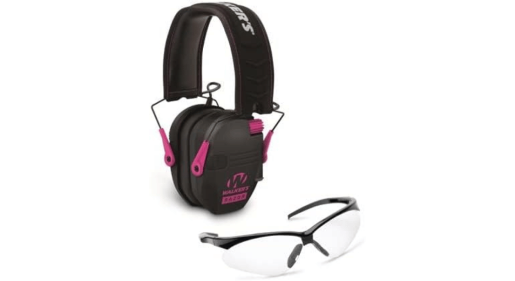 Black and pink shooting earmuffs with clear safety glasses on a white background.