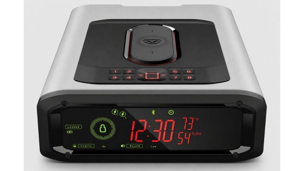 Vaultek-style smart handgun safe with digital clock display, keypad, lock status, and wireless charging pad.