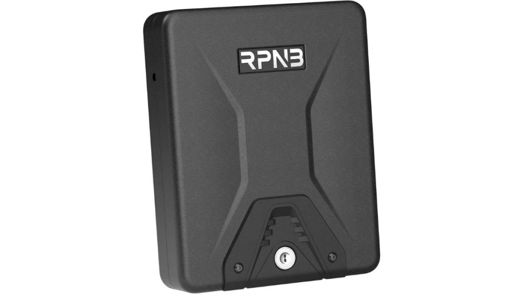 RPNB portable pistol safe with black steel body, front key lock, and raised logo.