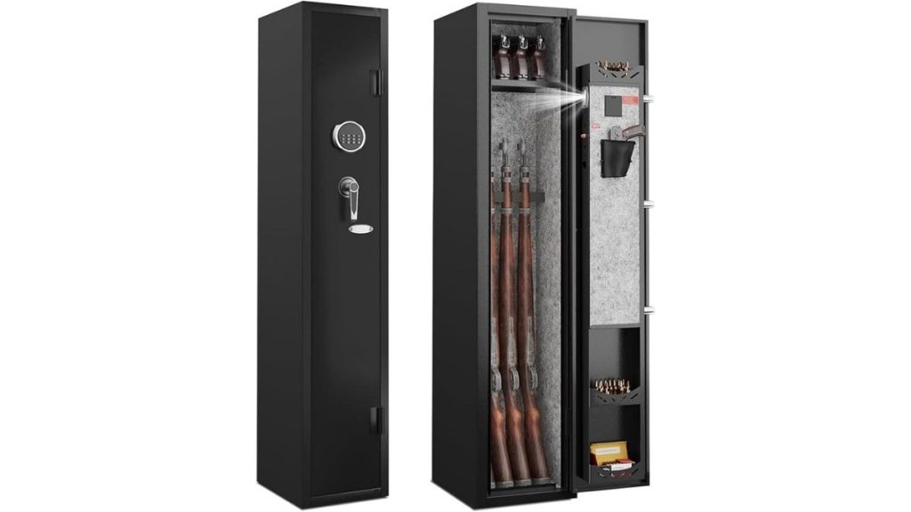 KAER-style slim rifle cabinet shown closed and open with rifles, door storage, keypad lock, and interior light.