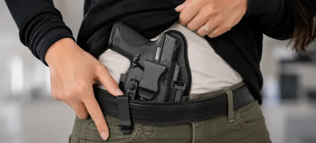 Close-up of a woman carrying a concealed handgun in a branded inside-the-waistband holster, with the holster logo visible as she lifts her shirt to demonstrate the concealed-carry setup.