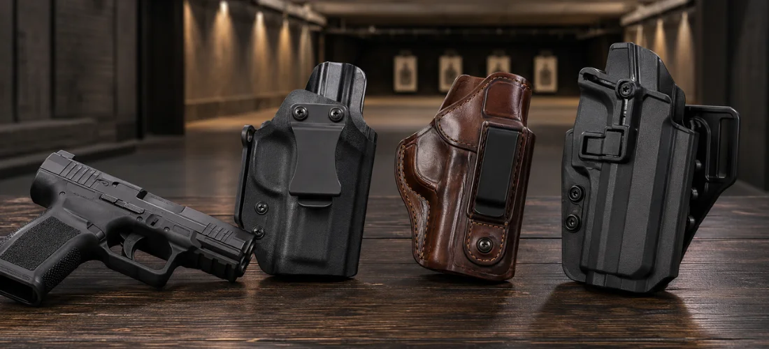Canik TP9-style handgun displayed beside Kydex, leather, and polymer holsters at an indoor shooting range.