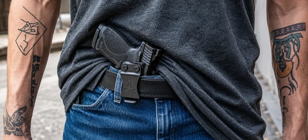 Compact handgun secured in a branded black IWB holster.