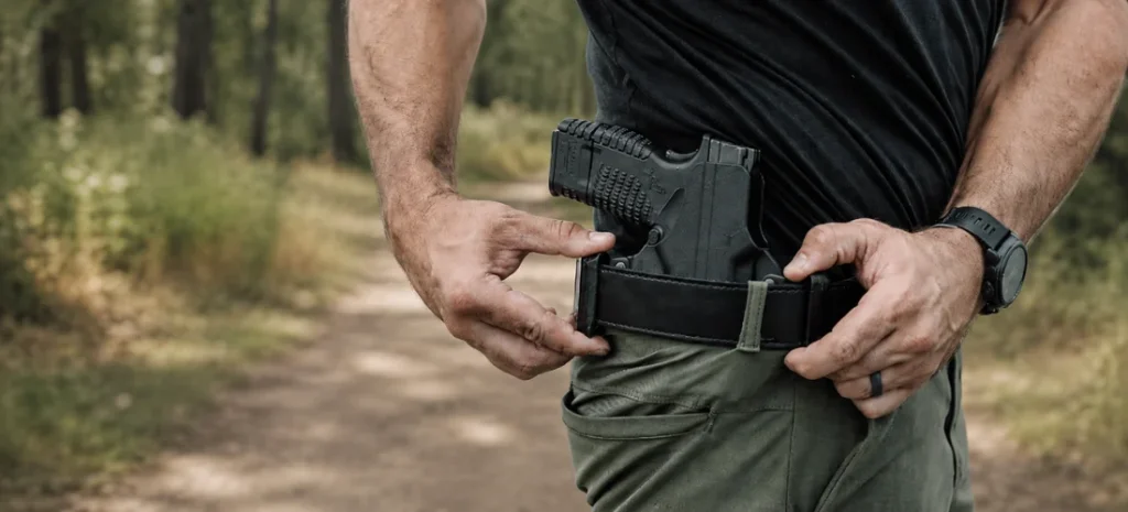 Man adjusting a compact pistol in a black holster on a forest trail while wearing green tactical pants.