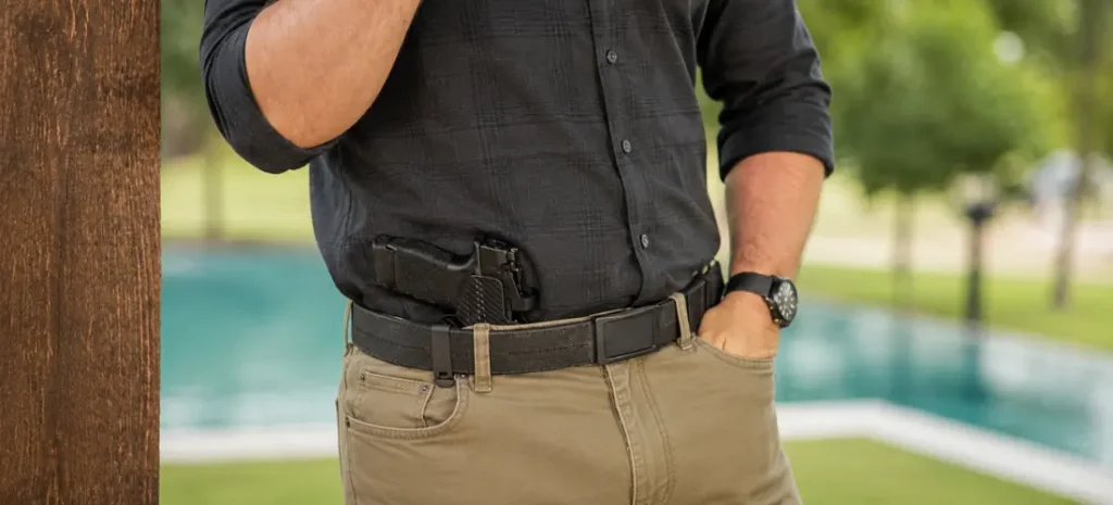 Close-up of a person standing outdoors with a concealed handgun secured in a black inside-the-waistband holster, featuring a carbon-fiber-style finish and visible belt clip, worn with a casual button-up shirt and jeans.