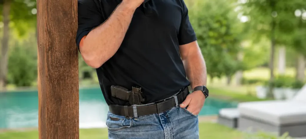 Man carrying a Glock-style pistol in an appendix holster while standing outdoors in a black polo and jeans.