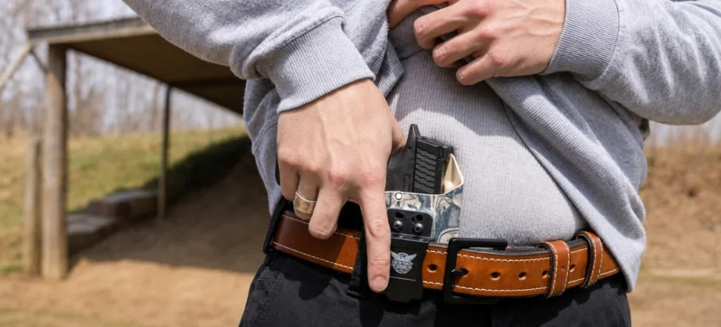 A woman wearing a grey hoodie holding an IWB holster. 