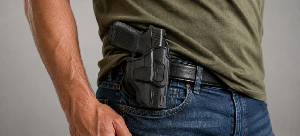 Man wearing a Sig P365-style pistol in a black OWB holster with an olive shirt and blue jeans.